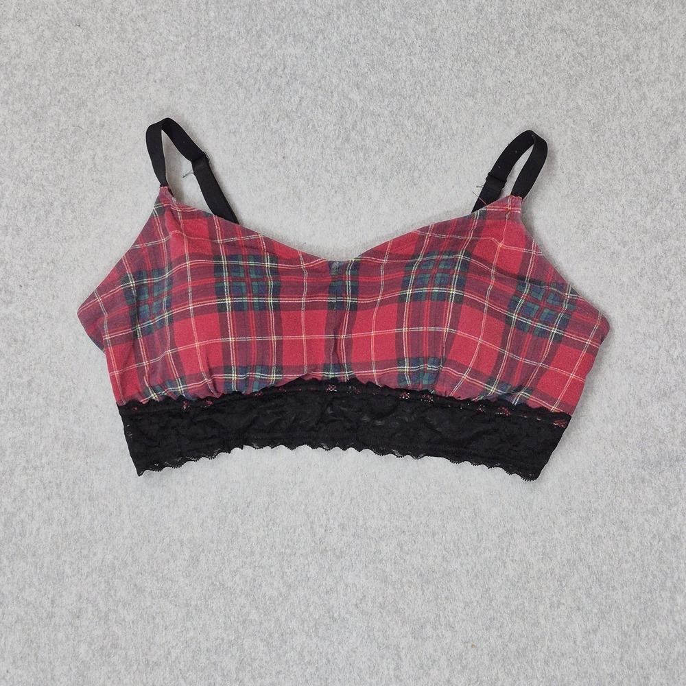 Torrid Curve Women Bra 2 Red Plaid Bralette Wireless Lace Preppy Adjustable